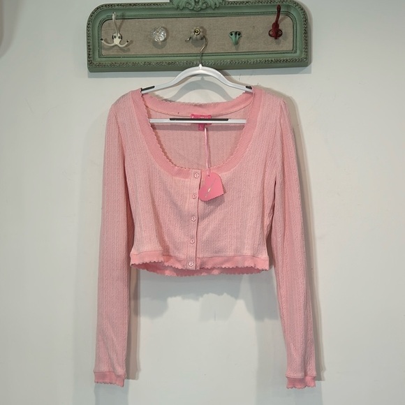 Sugar Thrills cardigan pastel pink knit cropped long sleeve front daisy button L - Picture 1 of 5